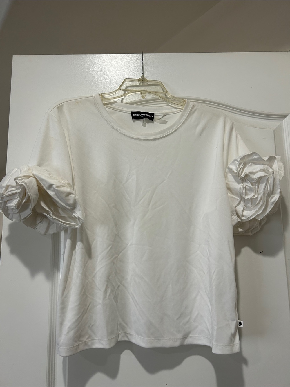 Karl Lagerfeld White Short Sleeve Tee with Ruffle Puff Sleeves